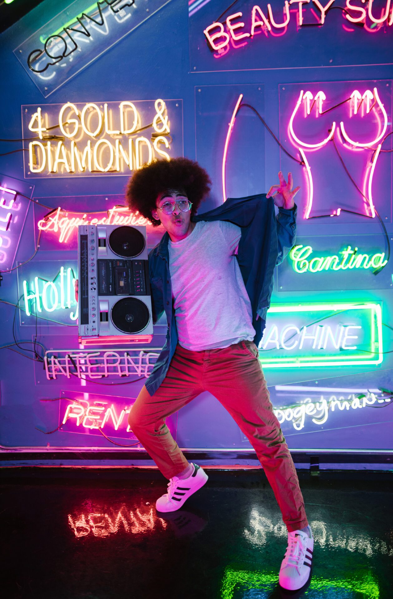 Fashion influencer with boombox and neon lights 