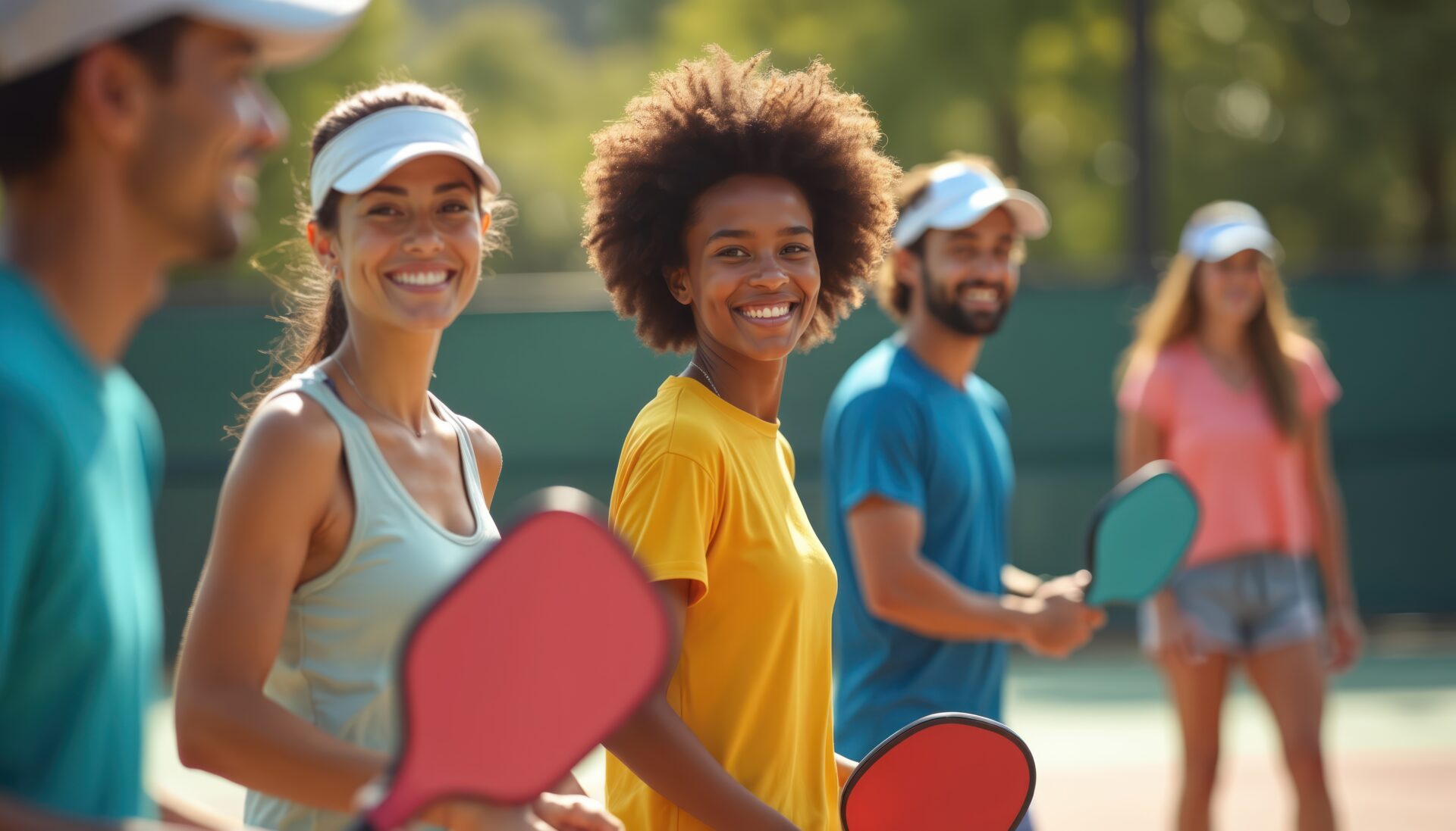 Group of friends playing pickleball, smiling looking at camera. Multiracial people enjoy outdoor activity, healthy lifestyle. Happy people, summer day, recreation fun.